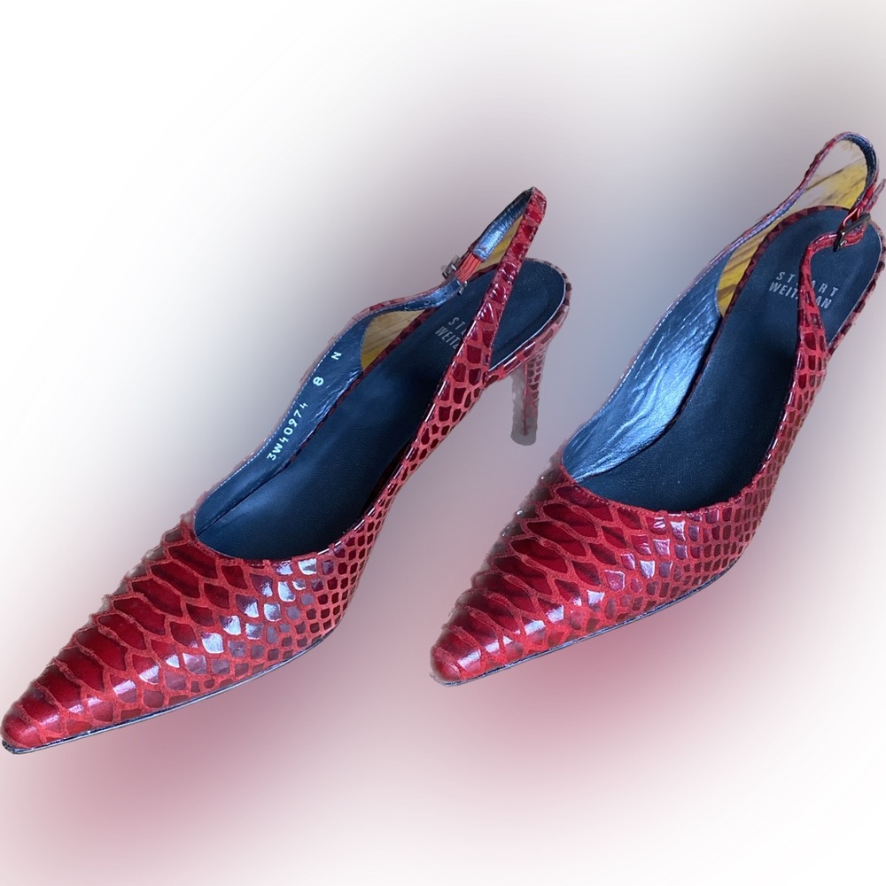 Stuart Weitzman Red Snakeskin Pointed Slingback H… - image 2